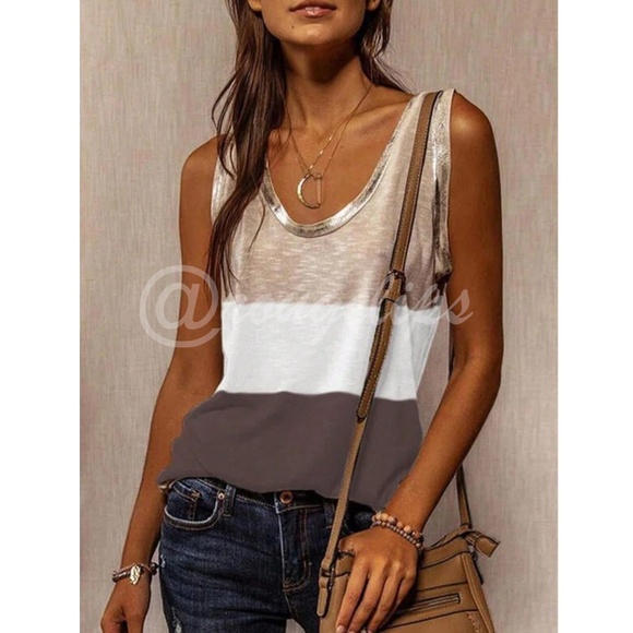 Colorblock Stripe Brown / White Tank Top Gold Piping Trim - Picture 1 of 7